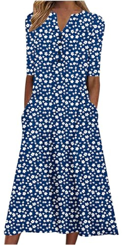 Womens Summer Dresses UK Sale Clearance Casual Maxi Loose T Shirt Dress 3/4 Sleeve Button V Neck Henley Dress Trendy Floral Printed Beach Boho A-Line Flowy Long Dresses with Pockets