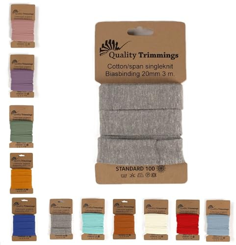 Die Stofftante Jersey Schrägband | vorgefalztes, elastisches Einfassband | aus Baumwoll-Jersey | Coupons á 3 Meter x 20mm (hellgrau Melange)