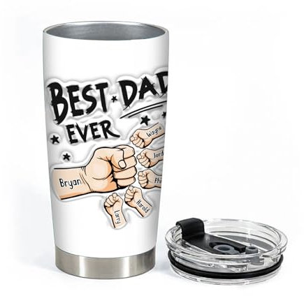 VEELU Personalised Dad Tumbler with Names 20oz Stainless Steel Insulated Travel Mug with Lid & Straw Custom Super Dad Gifts for Father's Day, Coffee Cup