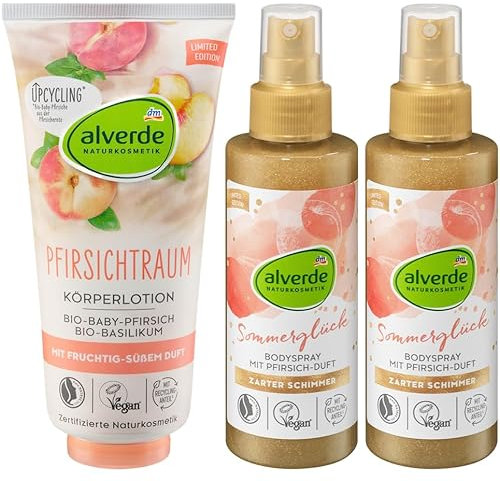 alverde NATURKOSMETIK 3er-Set Hautpflege: Körperlotion PFIRSICHTRAUM Bio-Pfirsich & Bio-Basilikum, 200 ml + Bodyspray SOMMERGLÜCK SCHIMMERSPRAY goldener Schimmer mit Pfirsich-Duft, 2 x 150 ml (500 ml)