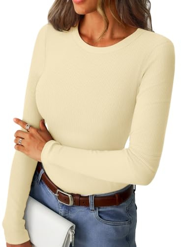 GKBK Womens Long Sleeve Ribbed Tops Fitted Stretch Basic Tee Shirts Casual Crewneck Tight Layering 2025 Fall Fashion Outfits