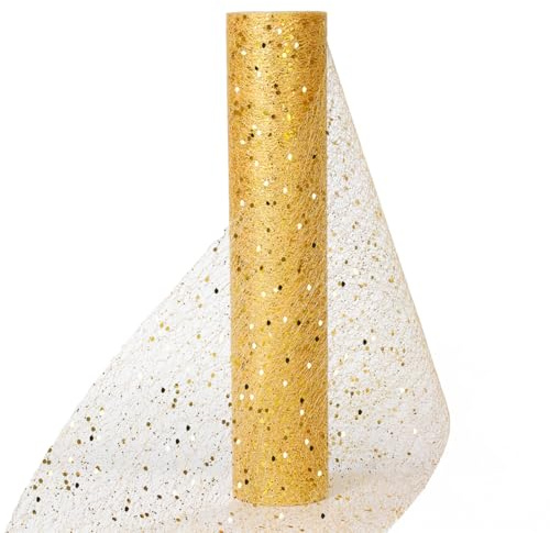 Muwodkdn Chemin de Table Non Tissé 30CM x 10Yards Organza Tulle Doré | Rouleau Bobine Ruban De Table Décoratif avec Paillettes Réutilisable pour Fête Anniversaire Mariage Noël Décoration Sapin