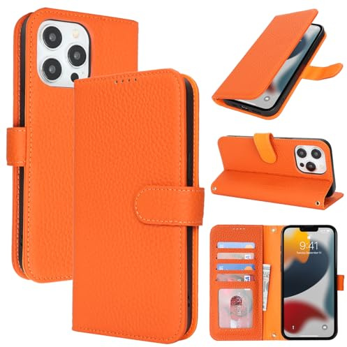 Zouzt Echtleder Hülle für iPhone 13 Pro (6,1), 4 Kartenfächern, Orange