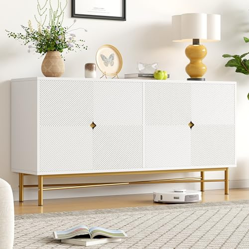 FammyLoft Sideboard Wohnzimmer mit 4 Erhabener Textur Türen, 160×40×82cm, Buffetschrank mit Goldene Gebürstete Griffe und Hochglanz Tischbeine, Modern Wohnzimmerschrank für Esszimmer & Flur, Weiß