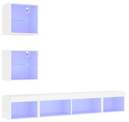 Eleganz 5-TLG. Wohnwand mit -Beleuchtung – Modernes TV-Möbel aus Holzwerkstoff & Glas – Stauraumoptimiert für Wohnzimmer – Weiß Hochglanz