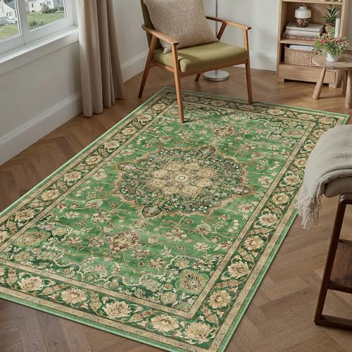 PureCozy Teppich Wohnzimmer 80x150cm Waschbarer Teppiche,Grün Gold | Weich Kurzflor Groß Carpet, Rutschfest, Leicht, Schlafzimmer, Esszimmer, Büro, Kinderzimmer
