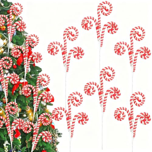 6 Pcs Christmas Candy Cane Tree Picks, Red and White Handcrafted Christmas Decorations, Ideal for Large Christmas Tree Topper Filler Big Ornaments Grinchs Candyland Xmas Decor