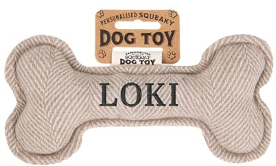 History & Heraldry Personalisiertes Quietschendes Hundespielzeug, Knochen Form, mit `Loki` Aufschrift, Stoffspielzeug für Hunde