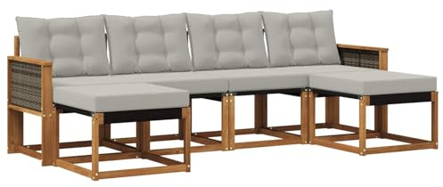 vidaXL Outdoor-Sofagarnitur mit Kissen 6 pcs Natürlich und Hellgrau, Garten Ecksofa, modernes Möbel für draußen, langlebige Liege, Coole Sitzgelegenheit auf der Terrasse