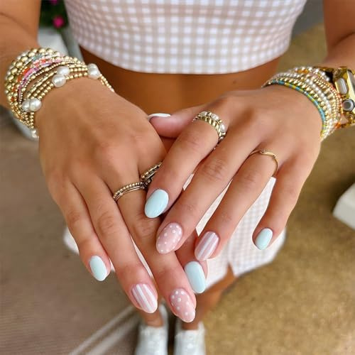 24Pcs Summer Press On Nails – Striped Polka Dot Short Oval Fake Nails, Glossy Blue French Acrylic Press Ons, Cute Summer False Nails for Women