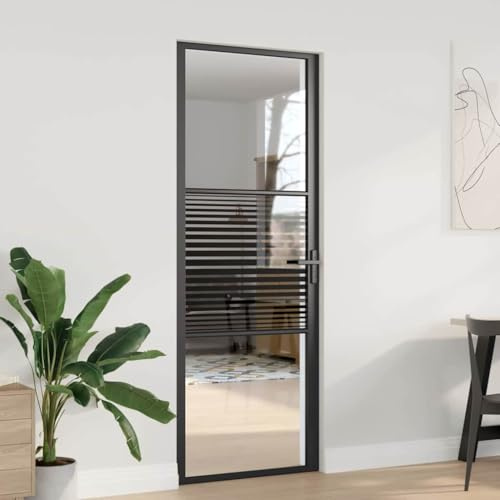 Tonture Glastür Gestreift Schwarz Aluminium mit Schloss und Rahmen 76 x 3,5 x 201,5 cm Innenbereich, Verriegelung, Schallschutz und Einbruchschutz für Wohnzimmer, Esszimmer, Flur