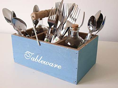 Besteckkiste, Besteckkorb im Retro-Stil, aus Holz, blaue Kiste für Küchenzubehör, für Messer, Gabeln und Löffel.Besteckkorb für Küchenutensilien, Gewürzkiste, mit Griff
