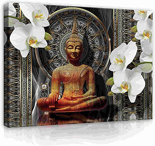 Forwall Quadro Su Tela - Buddha India Orchidee - Pronto da appendere - Stampa Su Tela Moderno Soggiorno Camera Da Letto Grande XXL 1 Pezzo Decorazione Da Parete (100x75 cm)