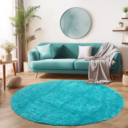 SIMPEX Flauschiger Teppich Wohnzimmer Schlafzimmer Läufer Flur Esszimmer Küchenteppich Hochflor Einfarbig Modernes Design 30 mm Florhöhe Kuschelweich, Türkis, 160 cm Rund