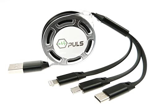 Rollin Multi USB Handy-Ladekabel schwarz ★ ausziehbar einziehbar 1,5m rollbar ✓ Ideal für unterwegs im Auto ✓ Multi-Stecker Anschlüsse / Universal-Stecker Kombi / Mehrfach-Stecker ✓ ohne Datenleitung