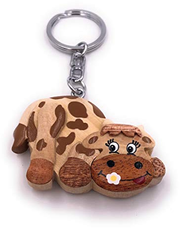 H-Customs Liegende Kuh Holz Bauernhof Tier Edel Handmade Schlüsselanhänger Anhänger