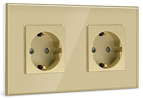 BSEED Schuko Steckdose 2 Fach Steckdose Glas Unterputz Steckdose,Steckdosen mit Kristall Glas Platte Doppel Wandsteckdosen 16Amp EU Standard Verlängerungssteckdosen Gold -157mm