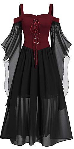 CHARMMA Gothic Halloween Kleid Kostüm Damen,Übergröße A-Linie Schnüren Maxi Kleider mit Schmetterlingsärmeln für Frauen,Festliches Vintage Schwarz Hexenkleid Cosplay Club Party Dress (Rot, XL)