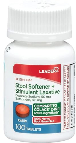 Leader 2-in-1 Stool Softener & Stimulant Laxative, Docusate Sodium 50mg, Sennosides 8.6 mg, Gentle Occasional Constipation Relief for Adults, Both Men & Women, & Children Ages 6+, 100 Tablets