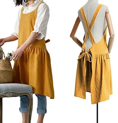 FADUOFA Modische Küchenschürze aus Baumwolle im koreanischen Stil und Leinen zum Kochen, Backen, Malen, Gartenarbeit, Reinigung (gelb)