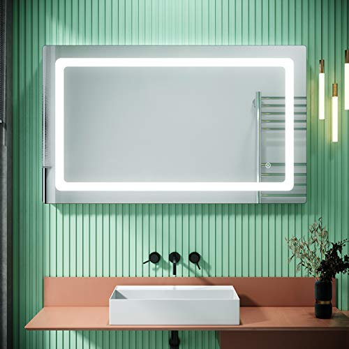 SIRHONA Miroir de Salle de Bain avec Éclairage LED avec Prise pour Rasoir Miroirs de Salle de Bain Mural Fonction Anti-buée 100x60cm Miroirs LED
