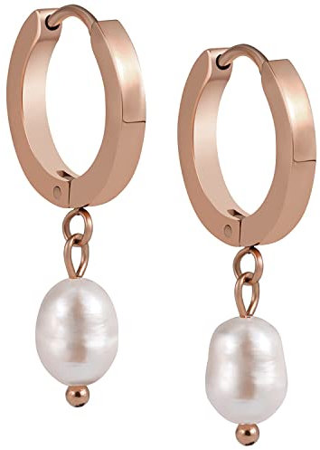 BONNYBIRD® Perlenohrringe Hängend Rosegold Creolen mit Anhänger Edelstahl Damen Kleine Ohrringe mit Perlen Wasserfest Schmuck Frauen Hypoallergen Chirurgenstahl Medizinisch Nickelfrei