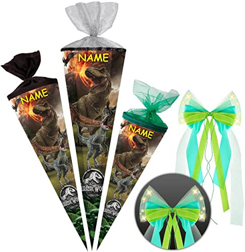 alles-meine.de GmbH Schultüte - Dinosaurier - Jurassic World 35-100 cm Größe wählbar inkl. Name + LED LICHT - Schleife - Zuckertüte - Tüllabschluß/Filzabschluß - eckig ..