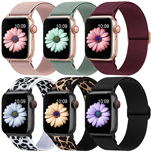 Higgs 6 Pack Stretchy Nylon Strap Compatible with Apple Watch Straps 38mm 40mm 41mm 42mm 44mm 45mm 46mm 49mm, Adjustable Sport Elastic straps for iWatch Series 11/10/9/8/7/6/5/4/3/SE Ultra3 2 1