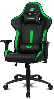DRIFT GAMING DR350 - Silla Gaming Profesional, Polipiel, reposabrazos 4D, Ruedas silenciosas, pistón Clase 4, inclinación, cojín Lumbar y Cervical, Color Negro/Verde