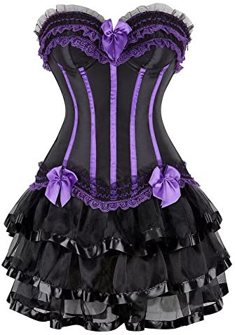 Corset Jupe Bustier Overbust Robe Set Femmes Sexy Dentelle Bande Guêpière Lingerie Grande Taille Costumé Violet M