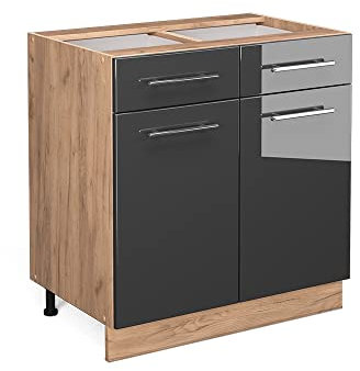 Vicco Küchenunterschrank Fame-Line, Anthrazit Hochglanz/Goldkraft Eiche, 80 cm mit Schubladen, ohne Arbeitsplatte