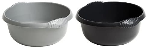 Set of 2 Round 28 CM Multipurpose Plastic Bowl - Washing Up & Mixing Bowl, 5L Washing Basin, Sink Tidy Organiser, Wash Tub - Home, Kitchen, Outdoor, Camping (Midnight Grey + Silver)