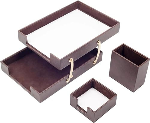 Schreibtisch-Set aus braunem Leder – Schreibtischunterlage – Notizpapierhalter – Stifthalter – Lederuntersetzer – Schreibtischzubehör – Schreibtisch-Organizer – braun (3C)…