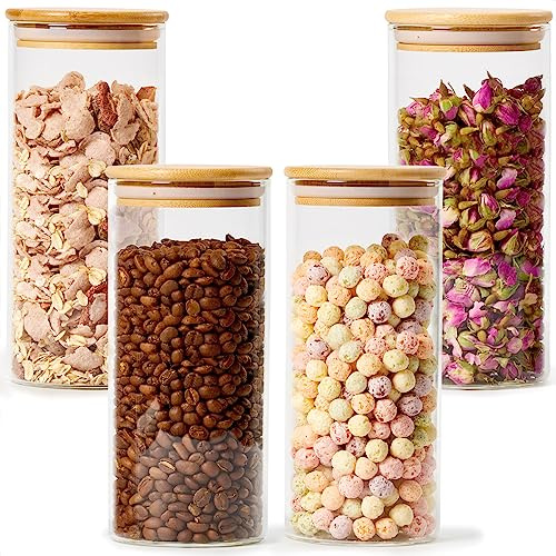 EZOWARE Set di 4 Barattoli di Vetro, Contenitori per la Conservazione degli Alimenti con Coperchio di Legno Bambù Ermetico per Tè Caffè Farina Cereali Fagioli, Vetro Borosilicato - 900ml