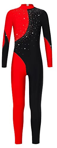 CHICTRY Turnanzug Ganzkörper Mädchen Langarm Eiskunstlauf Anzug Stehkragen Ballett Body Strass Glitzer Trikot Sport Overall Jumpsuit Mit Cut Out Schwarz&Rot 134-140