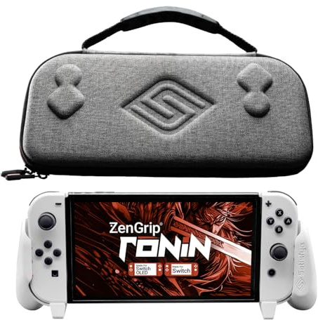 Satisfye ZenGrip Ronin White Slim Bundle, Accessories Compatible with Nintendo Switch & OLED - White ZenGrip & Grey ZenCase Slim