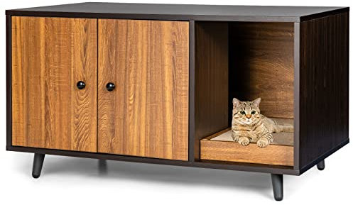 GYMAX Cat Litter Box Enclosure, Hidden Kitty Washroom Storage Cabinet Nightstand Side Table with 2 Doors and Divider, Modern Wooden Cat House Pet Crate for Living Room & Bedroom (Brown, 90x50x50cm)