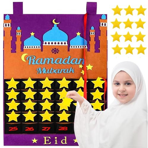 Eid Mubarak Countdown-Kalender Filz, Ramadan Countdown Kalender, 30 Tage Kalender Ramadan Dekorationen, Ramadan Dekorationen, Adventskalender Ramadan, Ramadan Party Dekoration (Violett)