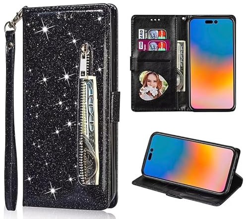 FERLAN Handyhülle für Samsung Galaxy S9 Hülle,Flip Case Lederhülle Reißverschluss Magnetverschluss Brieftasche mit 3 Kartenfächern Standfuntion Retro Matt Ledertasche,Glitzer Schwarz