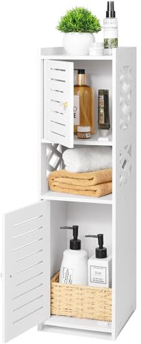 VOGGV Armario de baño, independiente y resistente a la intemperie, con doble puerta y estante de 3 niveles, pequeño armario de almacenamiento para baño, sala de estar, dormitorio (B4)