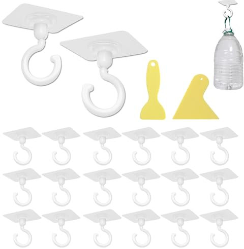 DALAETUS 20 Pezzi Set di Ganci Adesivi Bagno, Ganci da Soffitto Girevoli a 360°, 20 Ganci da Parete Trasparenti Senza Diamante con 2 Spatola per Soffitto, Bagno, Cucina