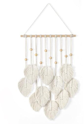 YunYoud Boho Deko Makramee Wandbehang Wandteppich Makramee Wandteppich mit Holzperlen und Grün Blätter Tapisserie Wandbehang Boho für Schlafzimmer Wanddeko Dreamcatcher Traumfänger