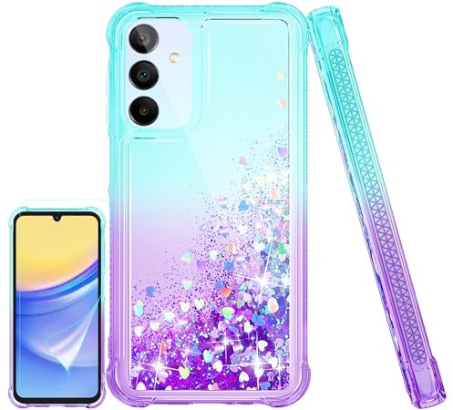 Kompatibel mit Samsung Galaxy A15 5G Hülle,(Unzerstörbar Stoßfestigkeit) Handyhülle Transparent Flüssigkeit Glitzer Silikon TPU Mädchenhaft Frau Handyhülle, Hülle für Samsung A15 5G,Blaugrün/Lila