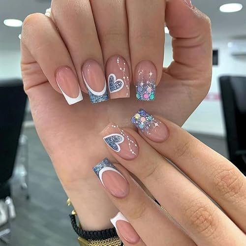 False Nails Short, French Stick On Square Blue Press On Nails, 24pcs With Glue, Elegant Glitter Heart Design Sweet Fake Set for Women Girls (Blue Heart)
