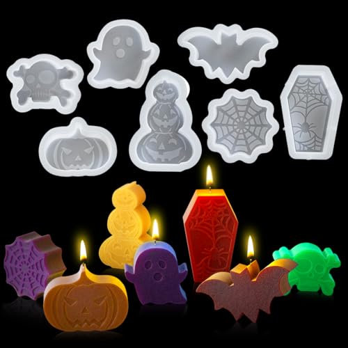 Voyyphixa 7 Pezzi Halloween Stampi per Candele di Zucca in Silicone Stampo di Fantasma Teschio Pipistrello Bara in Resina Epossidica Ornamento Festival Candle Soap Resin Mold