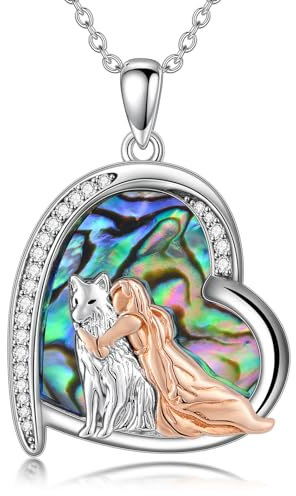ROMANTICWORK Wolf Kette Damen 925 Stering Silber Wolf und Mädchen Anhänger Halskette Wolf Schmuck Geschenke für Frauen