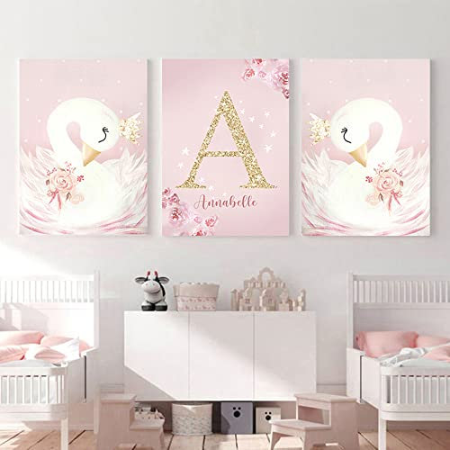 Youihom 3 Poster Namen Kinder Mädchen Zimmer Bilder Schwan Rose 30x40 Bild Kinderzimmer Mädchen Leinwand Personalisiert Wandposter Mädchenzimmer Wand Deko Baby Zimmer ohne Rahmen