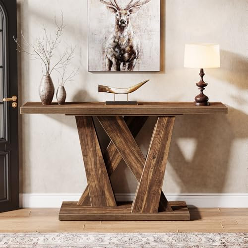 Tribesigns Farmhouse - Table console moderne derrière le canapé - 140 cm - Avec socle géométrique - Table basse étroite - Longue table d'entrée pour entrée, salon, couloir, hall - Marron rustique