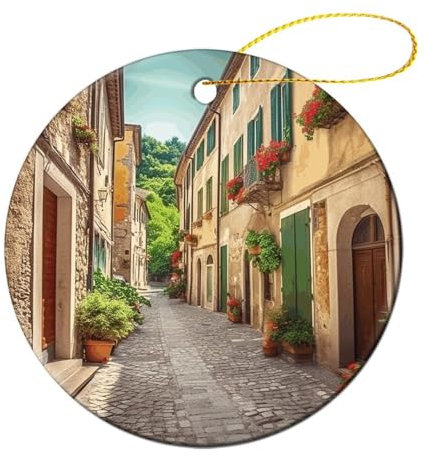 Keramik-Weihnachtsschmuck, Italien-Straßendruck, rund, festliche Dekoration mit Schnur zum Aufhängen, ideal für Bäume und Geschenke