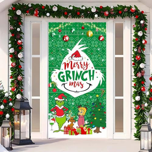 JClorix Grinch Weihnachts Türabdeckung Dekoration, Weihnachtsmann Banner für Haustür, Veranda, Balkon, Grinch Weihnachtsdeko mit Klettverschluss, Weihnachtsbanner für Weihnachten Deko
